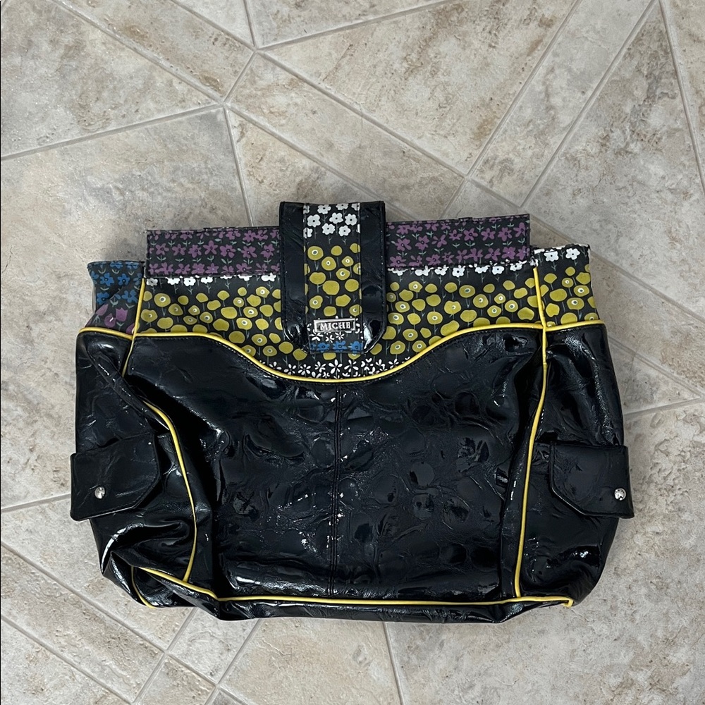 Miche Black Patent Tote with Yellow Trim and Multicolor Pattern Accents